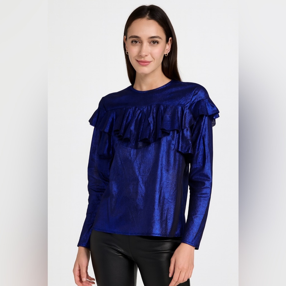 👕 AnnaRita N Metallic Blue Ruffle Long Sleeve Sheer‎ Blouse Top Women’s 6 👕